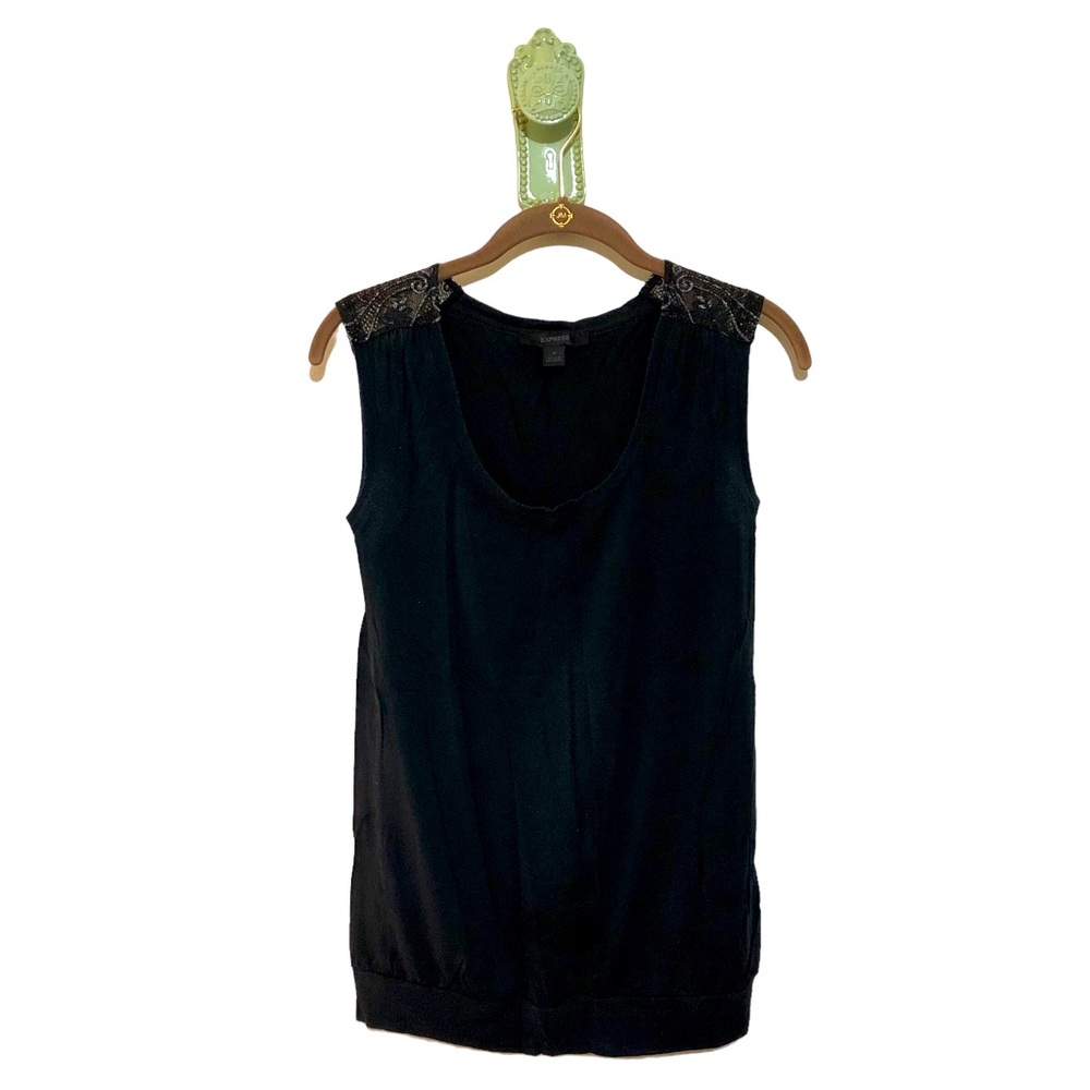 Express Lace Shoulder Tank Bubble Blousy Hem Knit Sheer Black Metallic